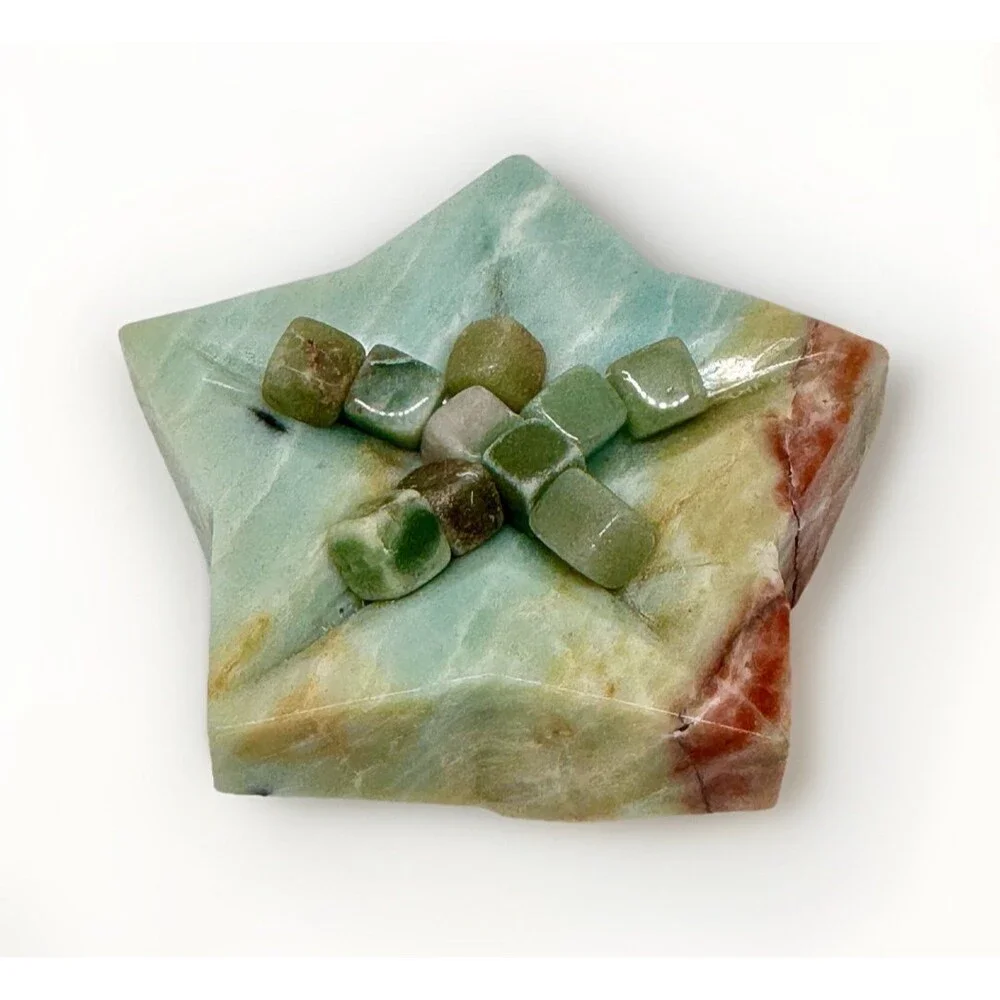 Caribbean Calcite Star Bowl‎ w Green Aventurine Cubes Crystal Decor